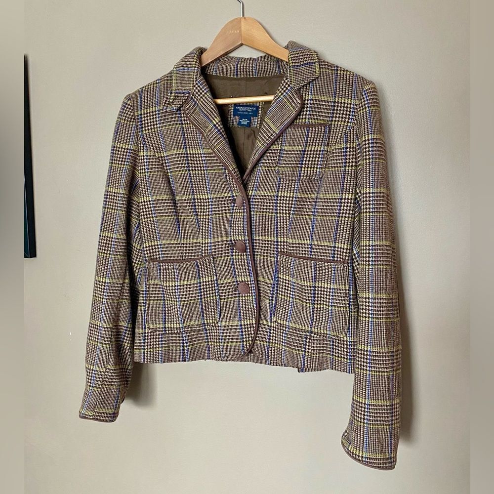 AMERICAN EAGLE vintage brown plaid blazer tweed wool cotton blend jacket M EUC